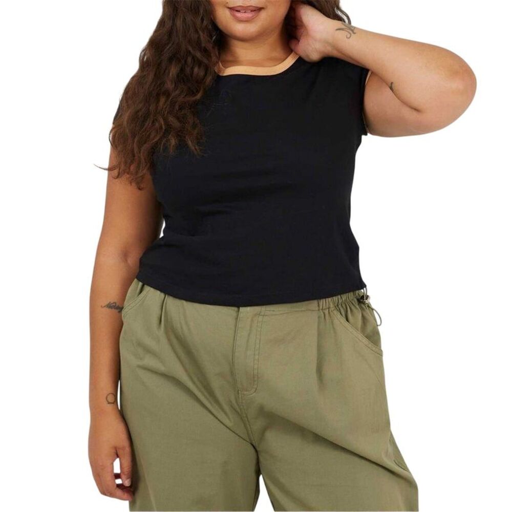 Brave Soul Womens/Ladies Ringer Crew Neck Plus T-Shirt / Black/Camel